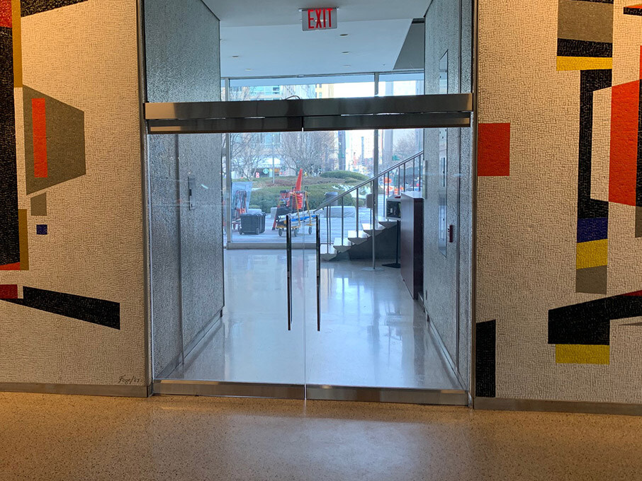 An example of bullet proof glass entry doors installed in a building