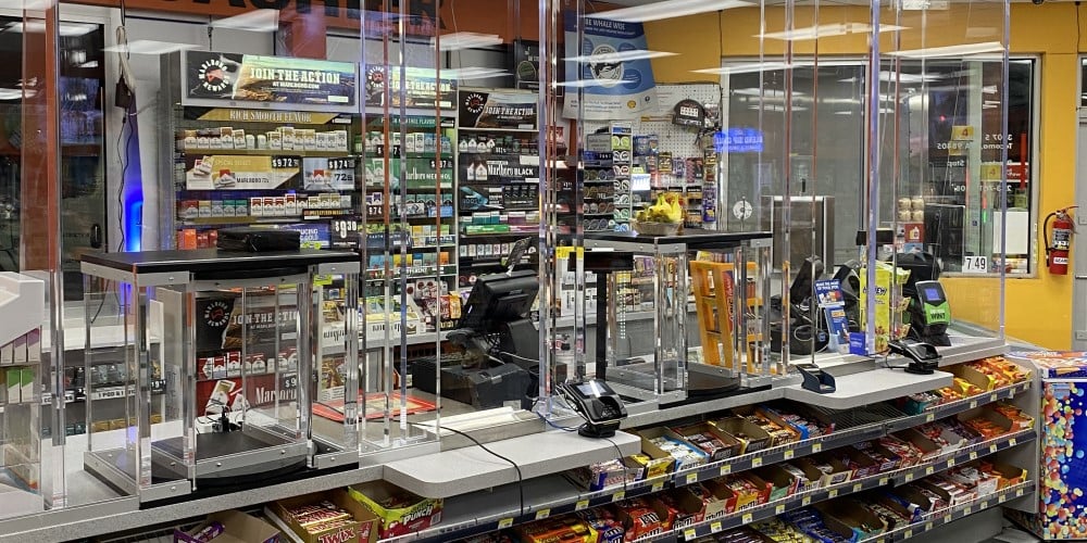 An example of a high-quality transaction window installed in a gas station