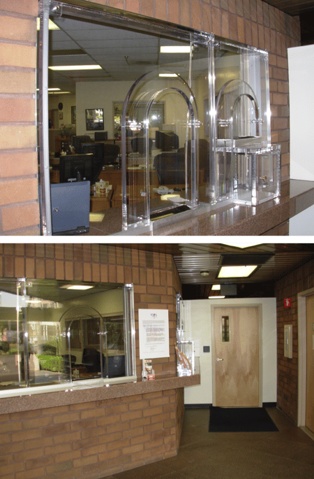 A collage of photos showcasing a series of ballistic solutions in a police department to prevent unauthorized individuals from passing through the entryway