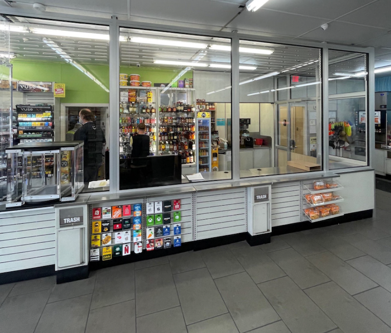 On UL's scale of Level 1 to Level 10 bullet proof glass, an image shows a gas station with Level 3 BR glass